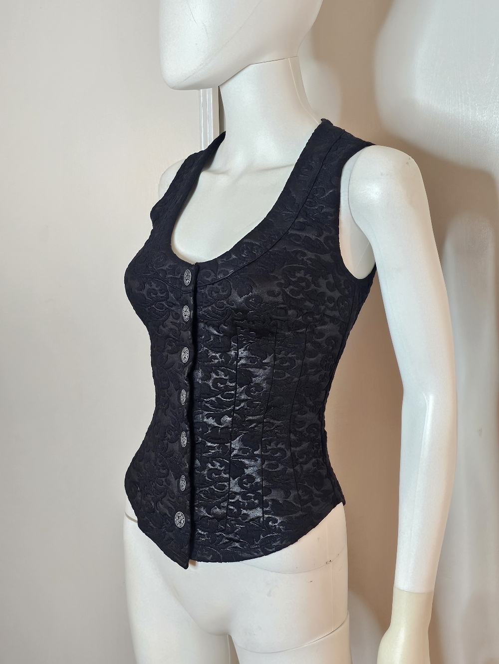 Anne Boothe Handmade Black Brocade Button-Up Corset Tank Top Size XXS NWOT